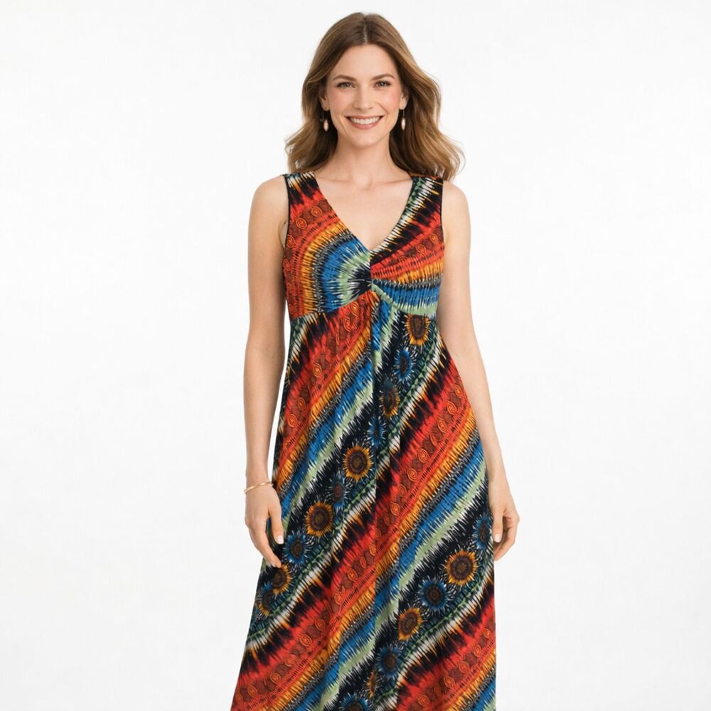 Chicos Sunflower Maxi Dress Womens 2 Large Sleeveless Batik Hippie Boho Artsy